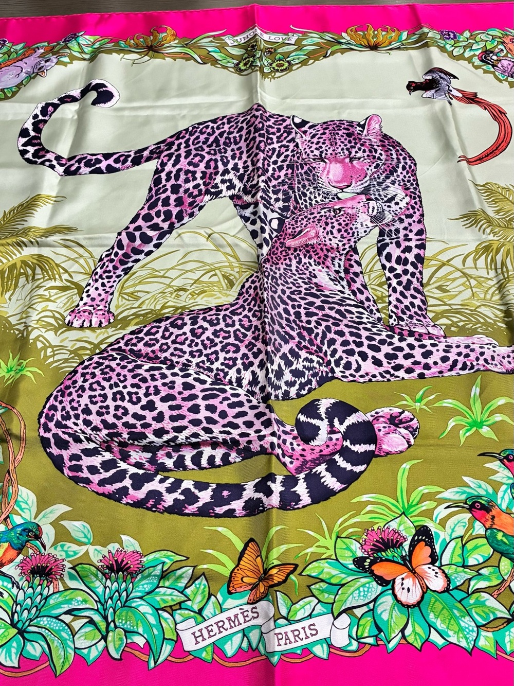 Hermes Pink & Green Leopard Silk Scarf